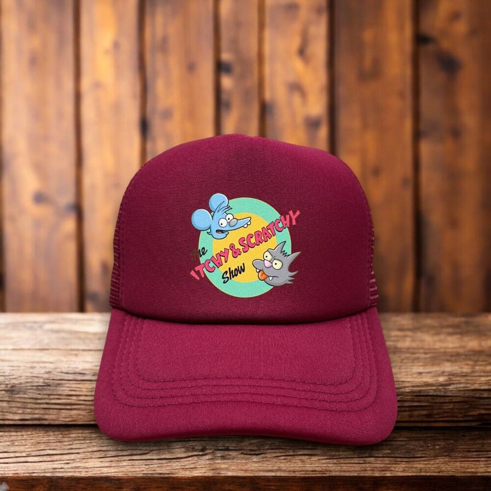 The Itchy & Scratchy Show Mens Trucker Hat Maroon Snapback The Simpsons Ball Cap